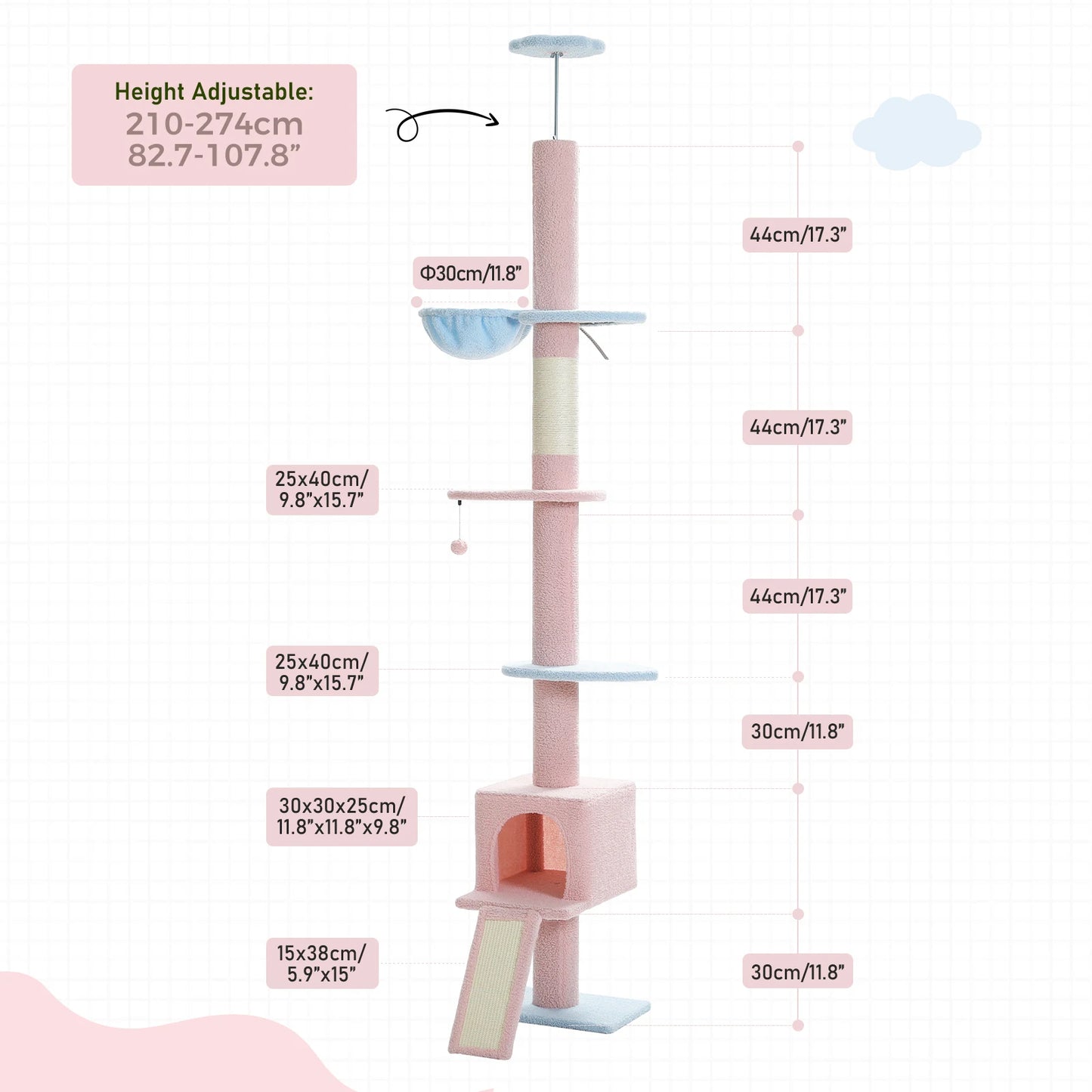 Adjustable 210-274CM Floor to Ceiling Cat Tree Tower