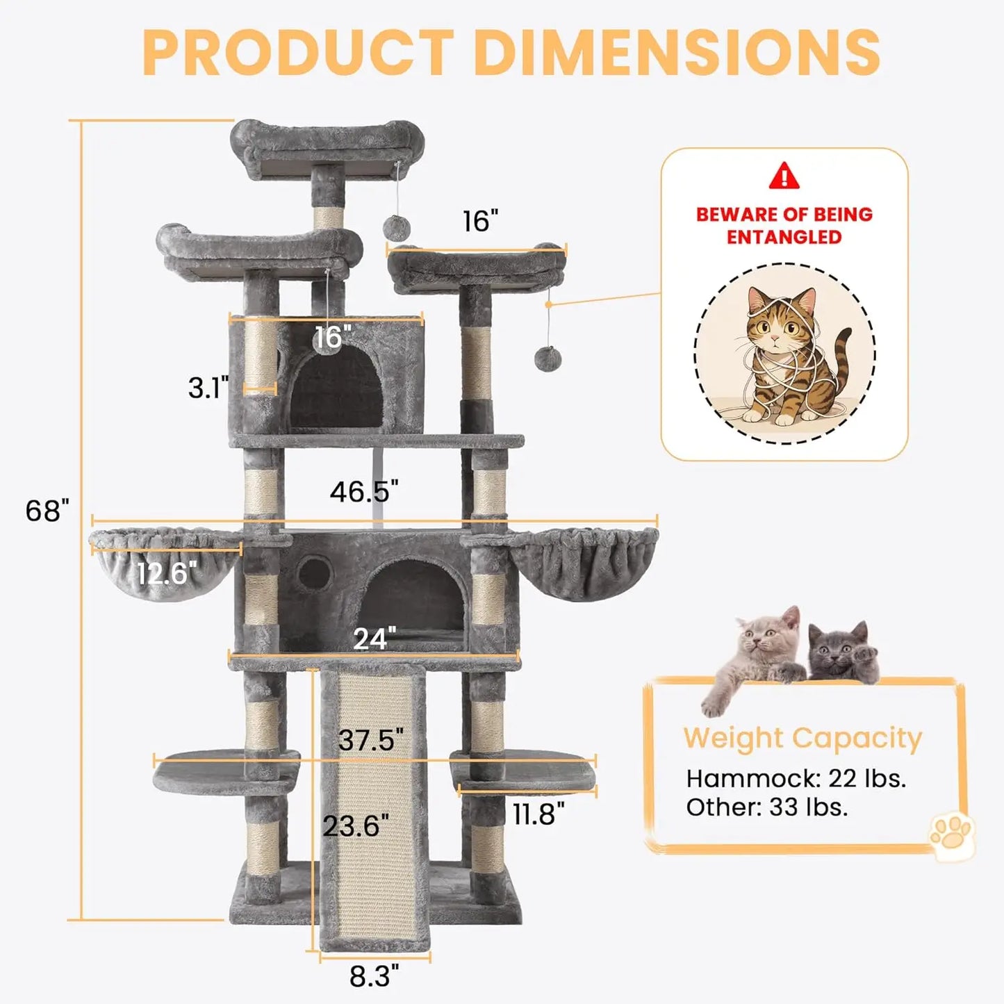 68 Inches Multi-Level Large Cat Tree for Large Kitties/Big Cat