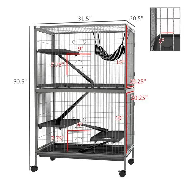 PawHut Rolling Small Animal Cage 50H with Hammock Ferret Chinchilla 4 Doors Silver
