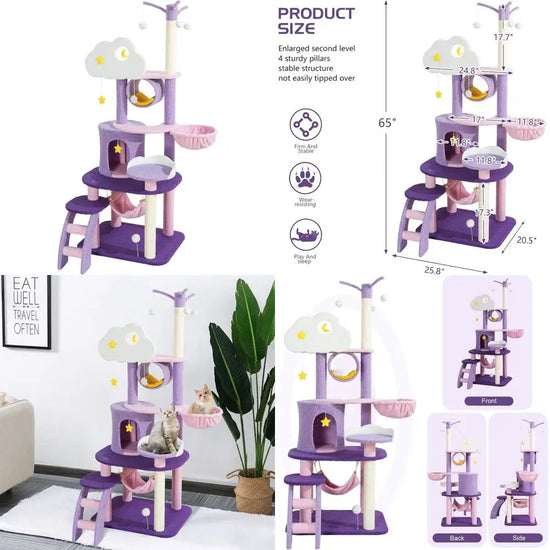 Large Purple Pink Cloud-Themed Cat Tree