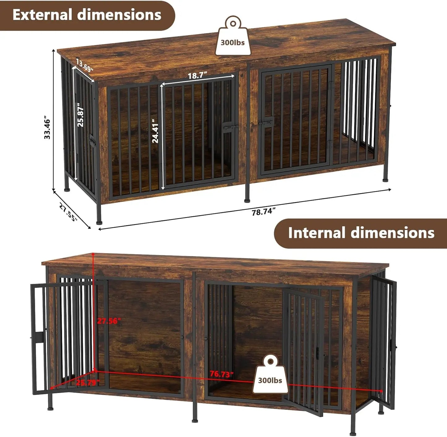 78 Inch Dog Cage Furniture for 2 Dogs