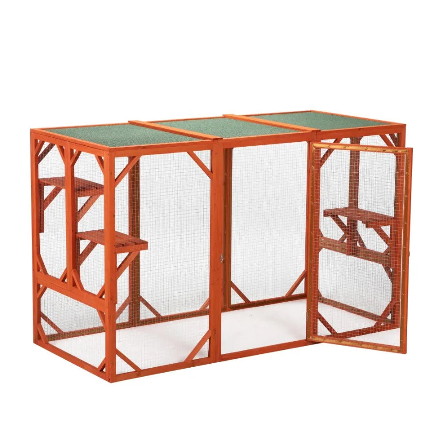 Wooden Cat House Outdoor Cage, Orange