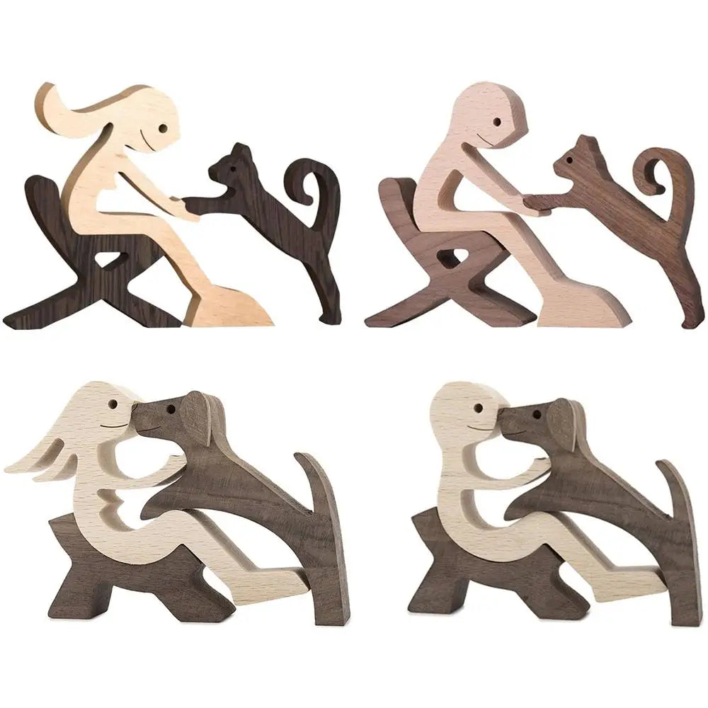 Cute Wood Dog Human Statue