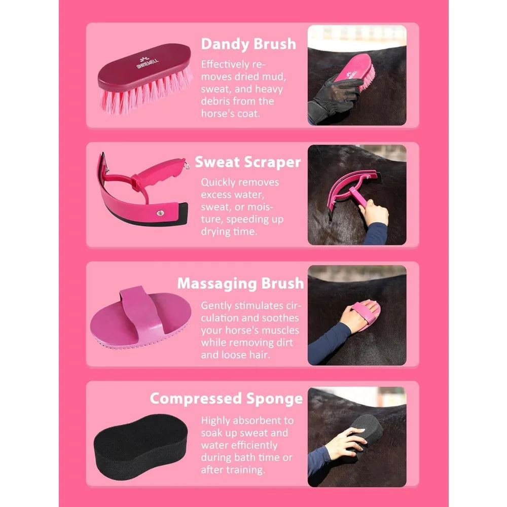Shinewell Horse Grooming Brushes Kit 9 pieces with Organizer Bag Grooming Care Series Horse Brush Sets Pink