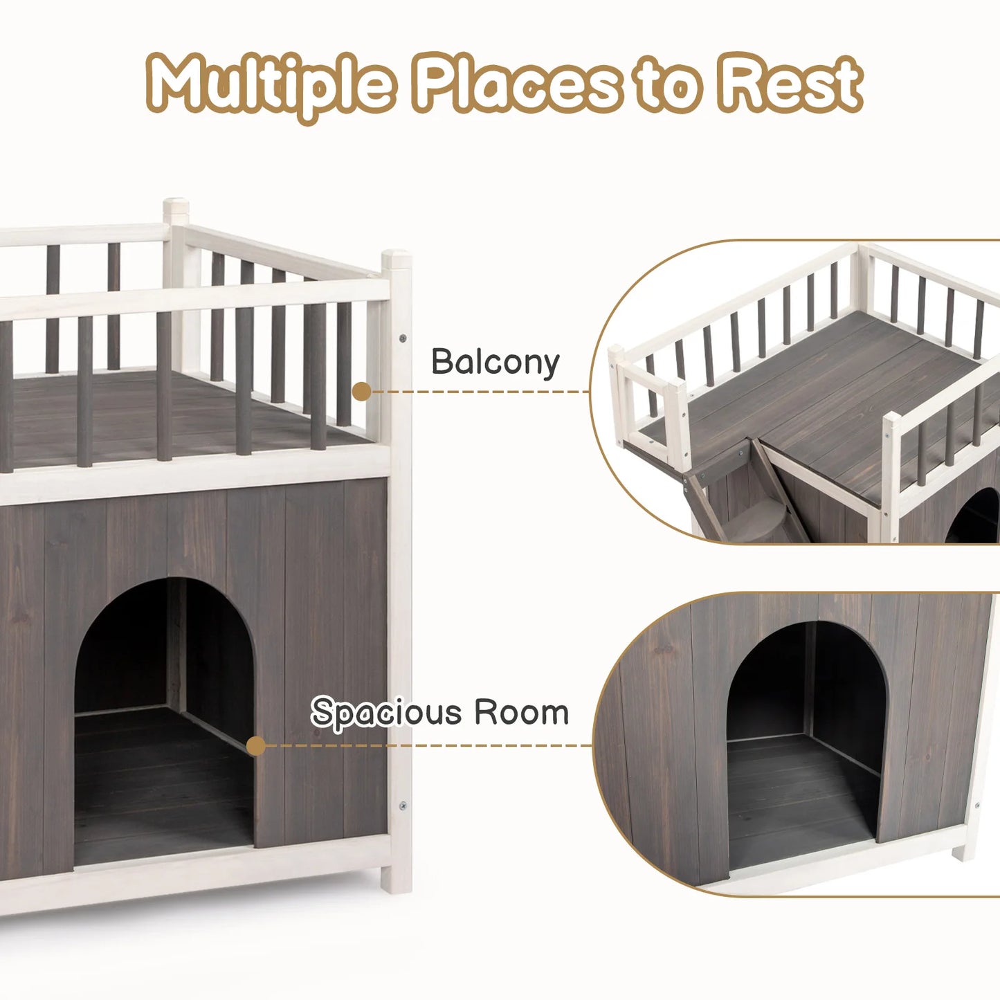 2-Story Wooden Feral Animal House for Outdoor and Indoor, Grey & White